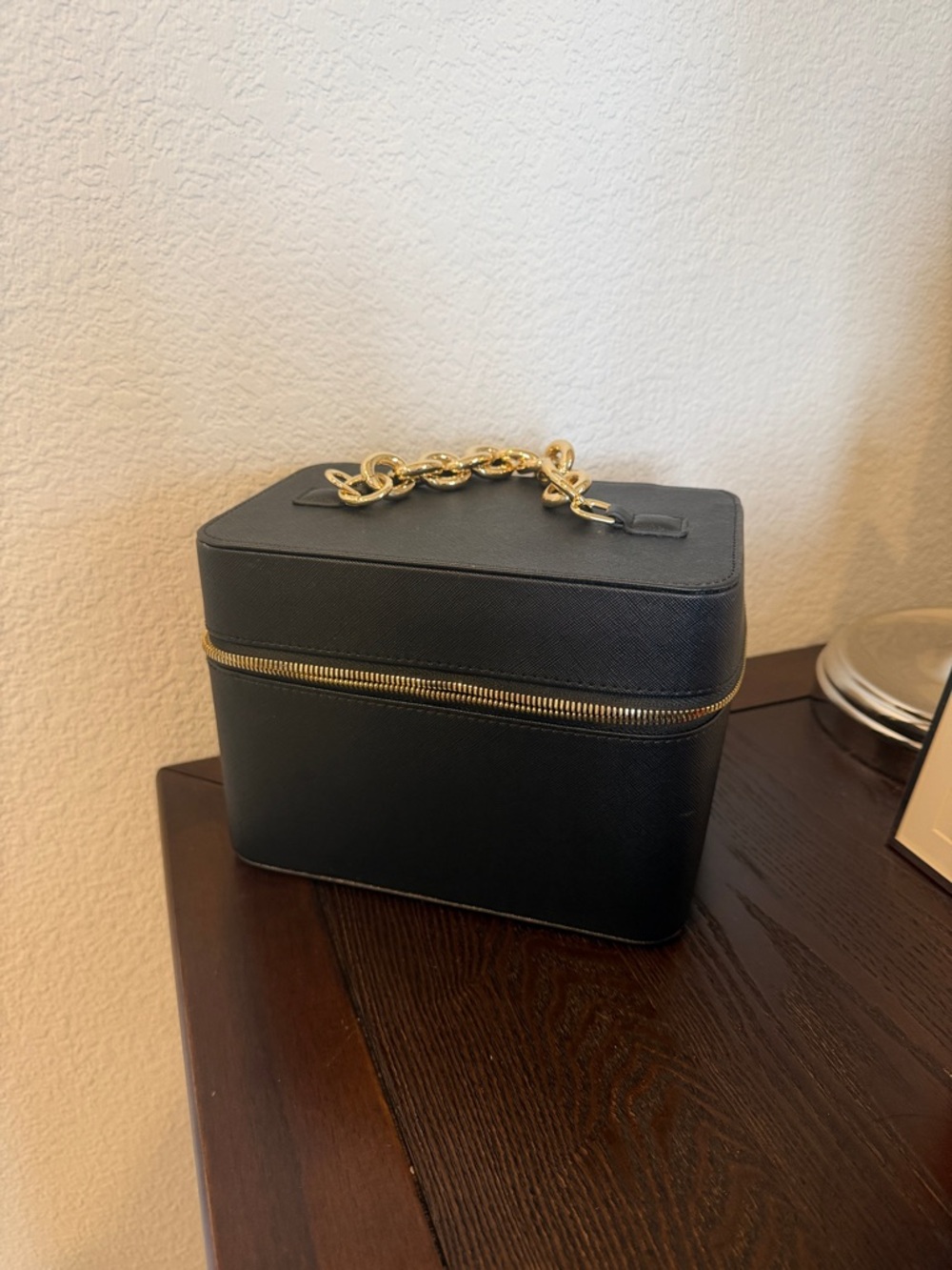 OTM Cannes Black Saffiano Leather Cosmetic Case with Gold Chain Handle